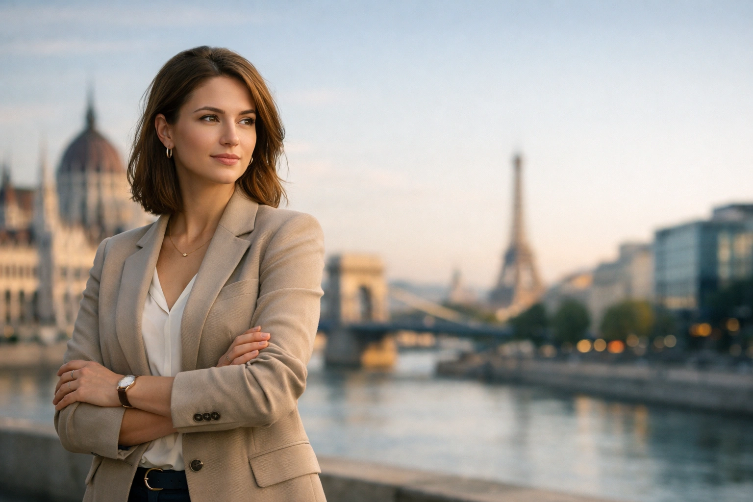 Femme européenne élégante en tenue professionnelle, posant devant un paysage urbain mêlant Paris et Budapest.