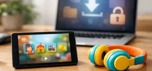 Bureau moderne avec tablette affichant une appli audio pour enfants, casque coloré et ordinateur flou en arrière-plan.