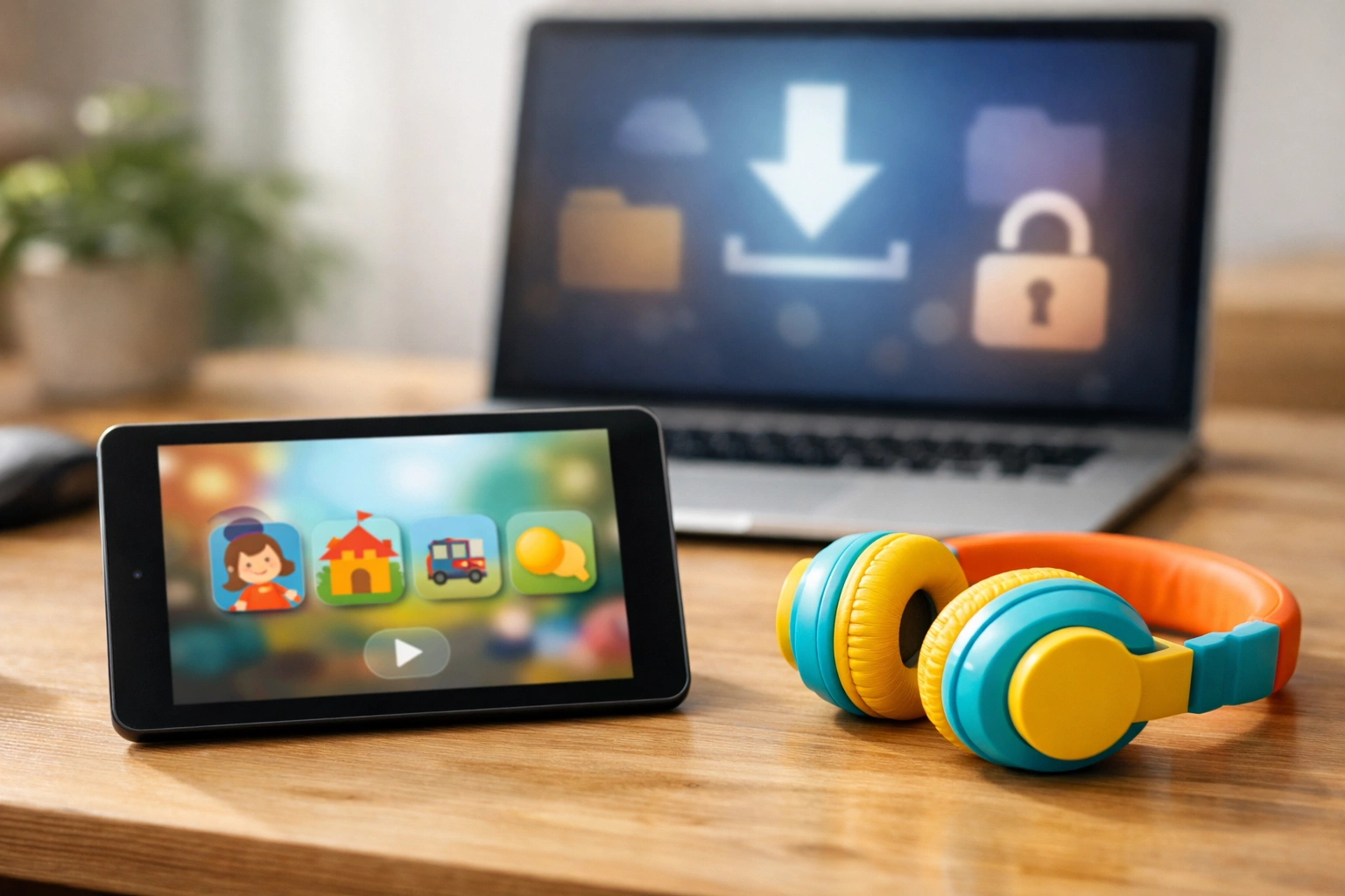 Bureau moderne avec tablette affichant une appli audio pour enfants, casque coloré et ordinateur flou en arrière-plan.