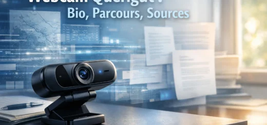 Webcam moderne sur un bureau avec documents et flux numériques en arrière-plan lumineux.