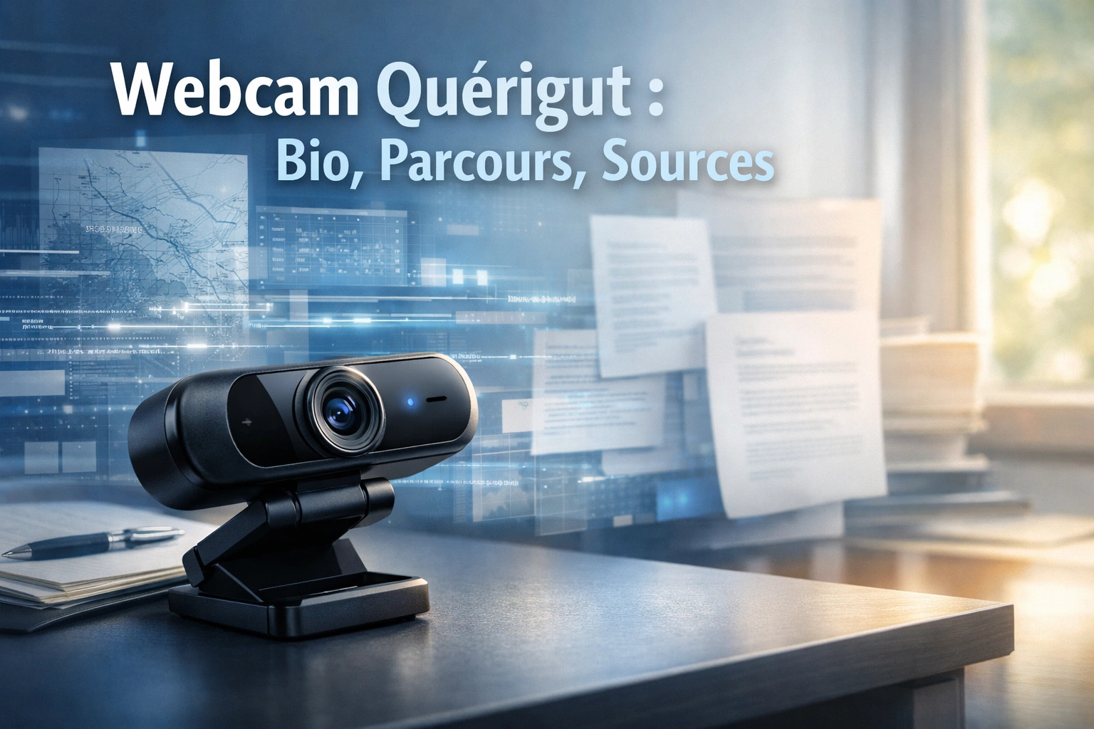 Webcam moderne sur un bureau avec documents et flux numériques en arrière-plan lumineux.