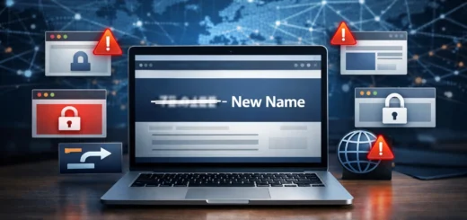 Ordinateur affichant un site web renommé avec alertes et icônes de sécurité sur fond numérique.