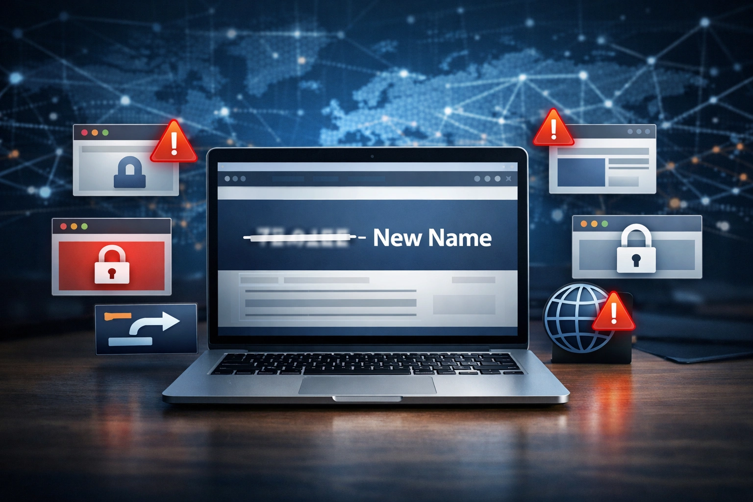 Ordinateur affichant un site web renommé avec alertes et icônes de sécurité sur fond numérique.
