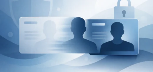 Illustration montrant le changement d’identité numérique avec cartes, silhouette et symbole de sécurité.