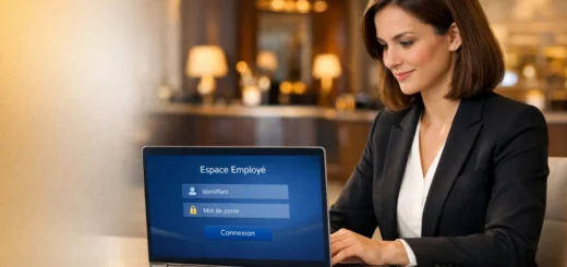 Employé d’hôtel se connectant à un espace en ligne sécurisé sur ordinateur portable.