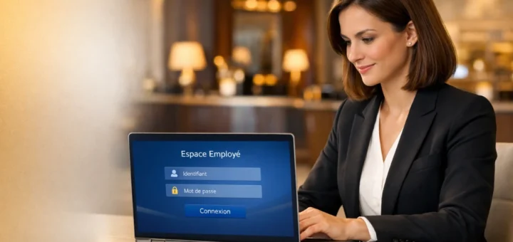 Employé d’hôtel se connectant à un espace en ligne sécurisé sur ordinateur portable.