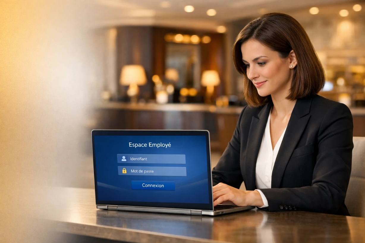 Employé d’hôtel se connectant à un espace en ligne sécurisé sur ordinateur portable.