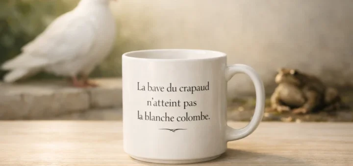 Mug blanc avec proverbe français, colombe lumineuse et crapaud flou en arrière-plan, ambiance élégante et symbolique.