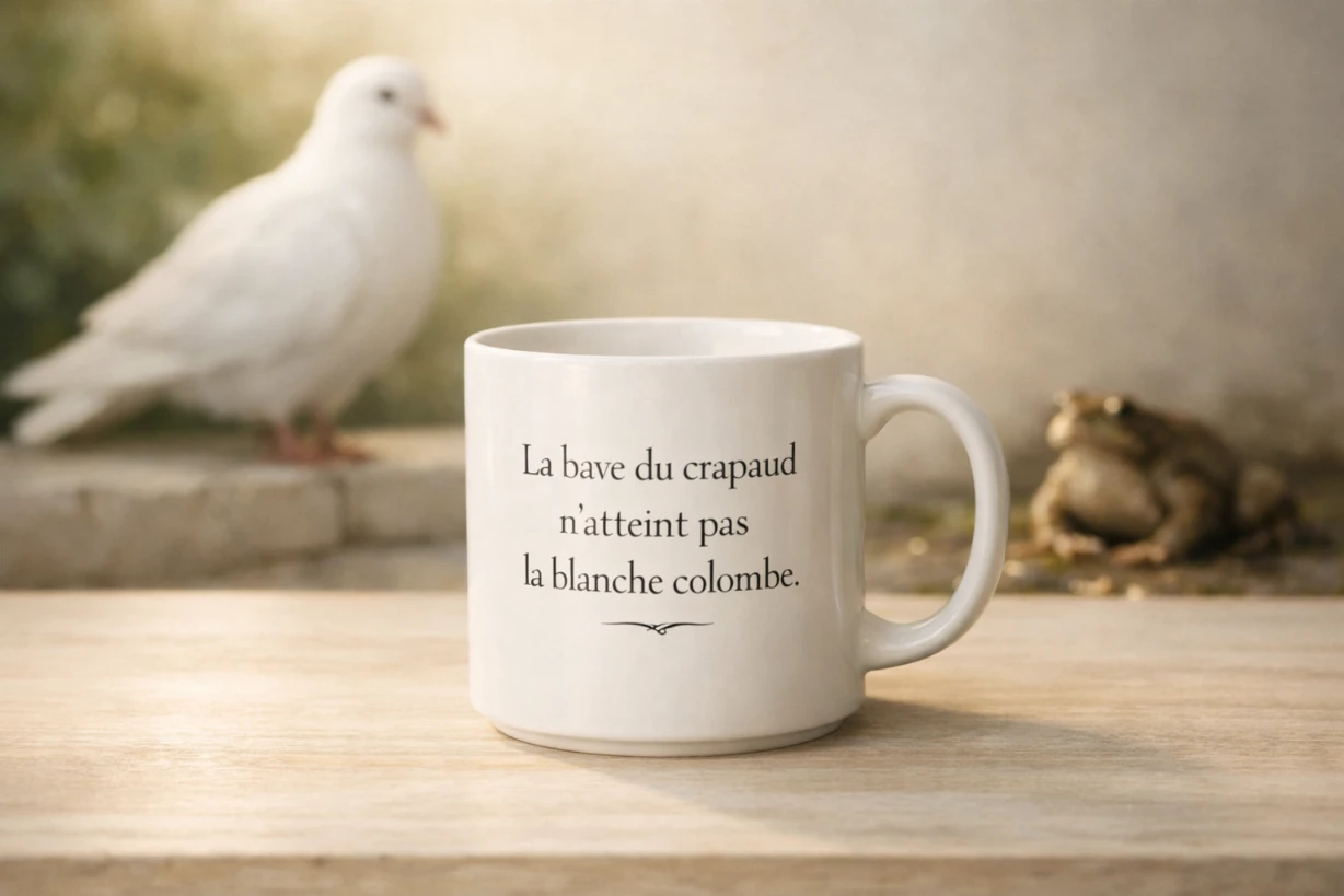 Mug blanc avec proverbe français, colombe lumineuse et crapaud flou en arrière-plan, ambiance élégante et symbolique.