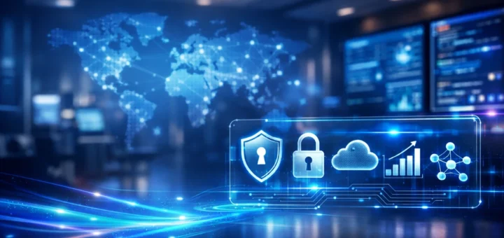 Bureau high-tech avec interface holographique et icônes de cybersécurité en lumière bleue moderne.