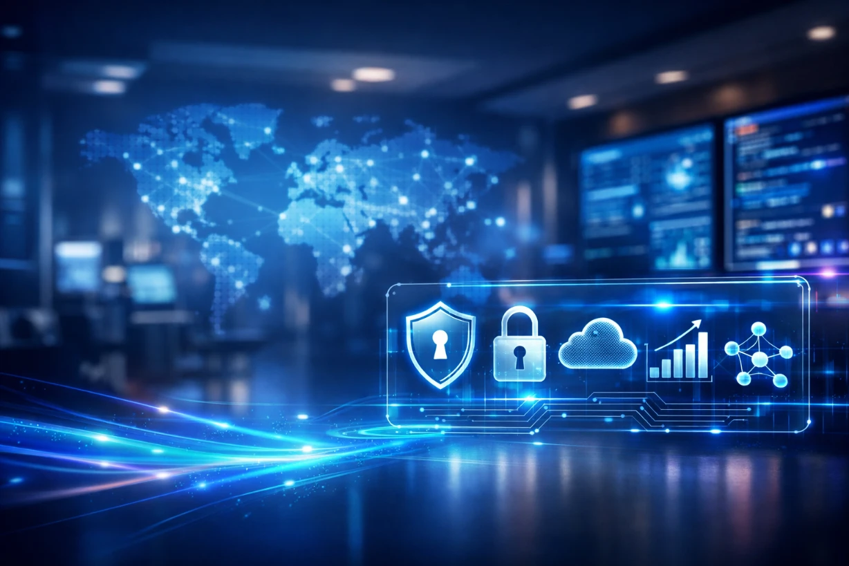 Bureau high-tech avec interface holographique et icônes de cybersécurité en lumière bleue moderne.