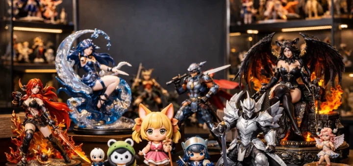 Collection de figurines colorées exposées sur étagères en bois et verre, ambiance premium chaleureuse.