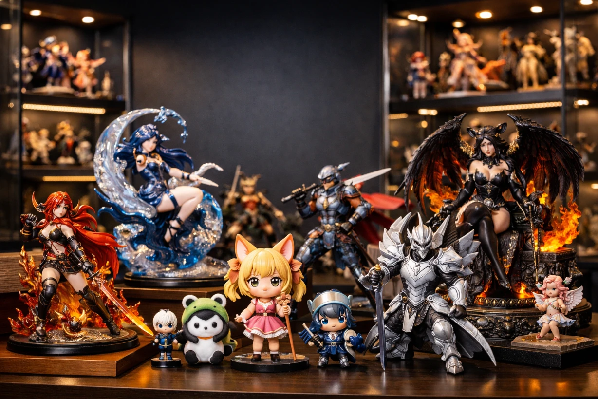 Collection de figurines colorées exposées sur étagères en bois et verre, ambiance premium chaleureuse.