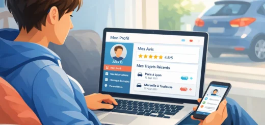 Jeune adulte gérant son profil de covoiturage sur ordinateur et smartphone près d’une voiture.