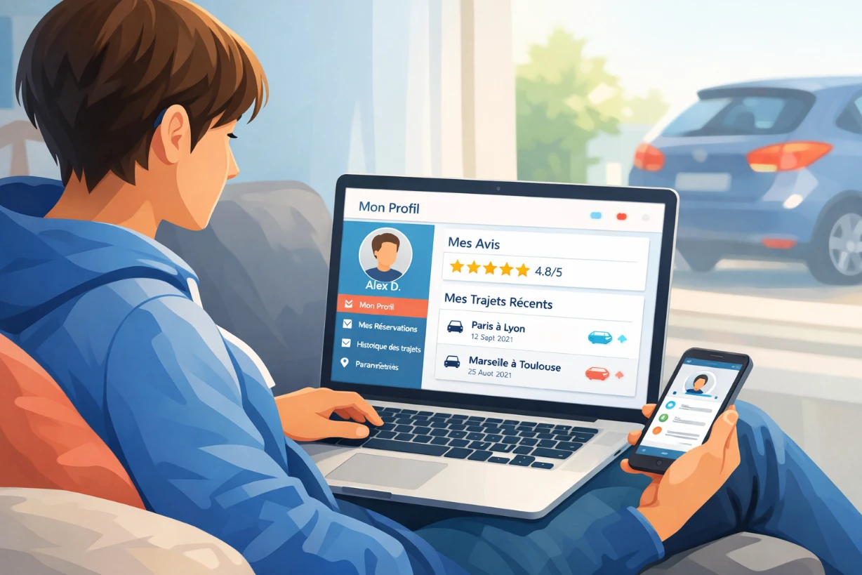 Jeune adulte gérant son profil de covoiturage sur ordinateur et smartphone près d’une voiture.