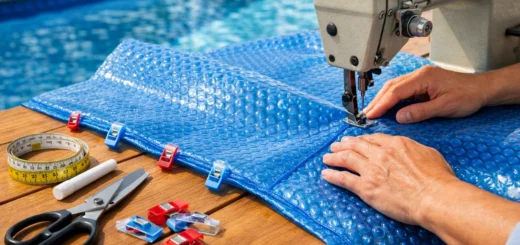 Couture d’une bâche à bulles bleue près d’une piscine en atelier extérieur lumineux.