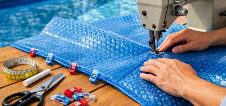 Couture d’une bâche à bulles bleue près d’une piscine en atelier extérieur lumineux.