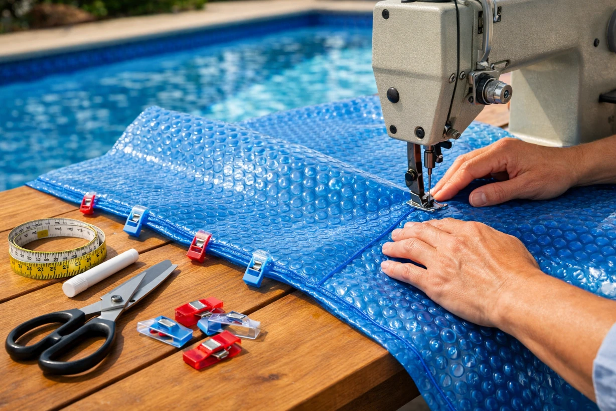 Couture d’une bâche à bulles bleue près d’une piscine en atelier extérieur lumineux.