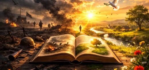 Livre ouvert entre guerre sombre et paysage paisible illuminé par une lumière dorée chaleureuse.