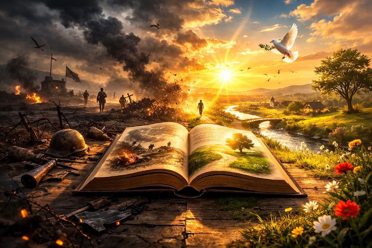 Livre ouvert entre guerre sombre et paysage paisible illuminé par une lumière dorée chaleureuse.