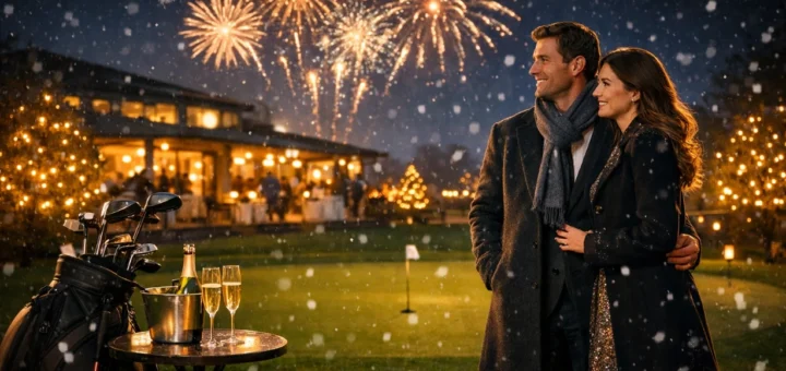 Couple élégant au golf, feu d’artifice et champagne pour le réveillon enneigé.