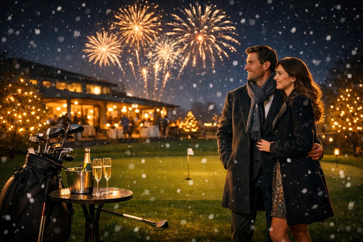 Couple élégant au golf, feu d’artifice et champagne pour le réveillon enneigé.