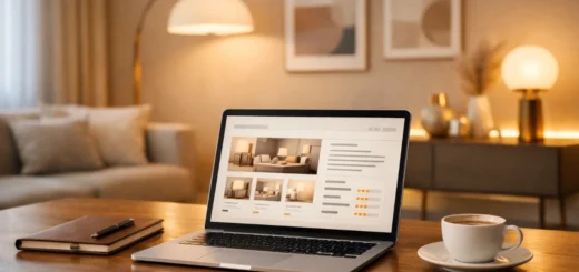 Salon moderne avec laptop ouvert, déco élégante et ambiance lumineuse chaleureuse.