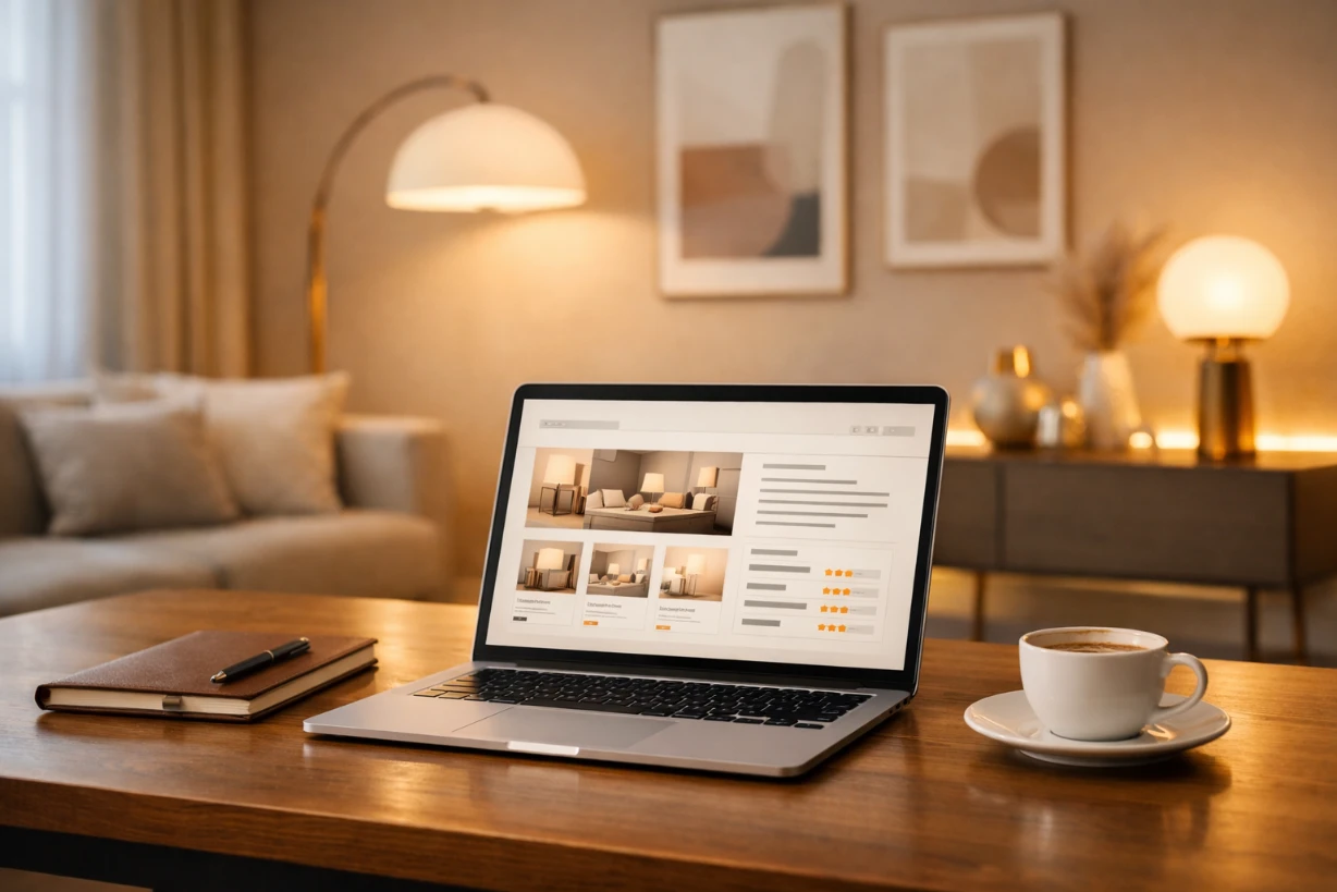 Salon moderne avec laptop ouvert, déco élégante et ambiance lumineuse chaleureuse.