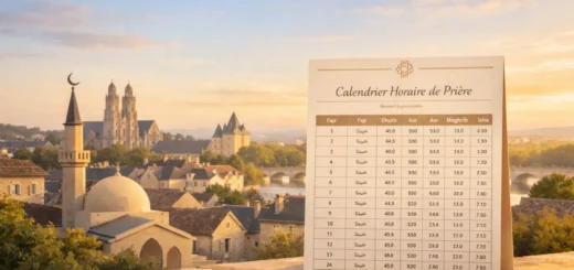 Illustration paisible d’un calendrier de prière mensuel dans une ville française au lever du jour
