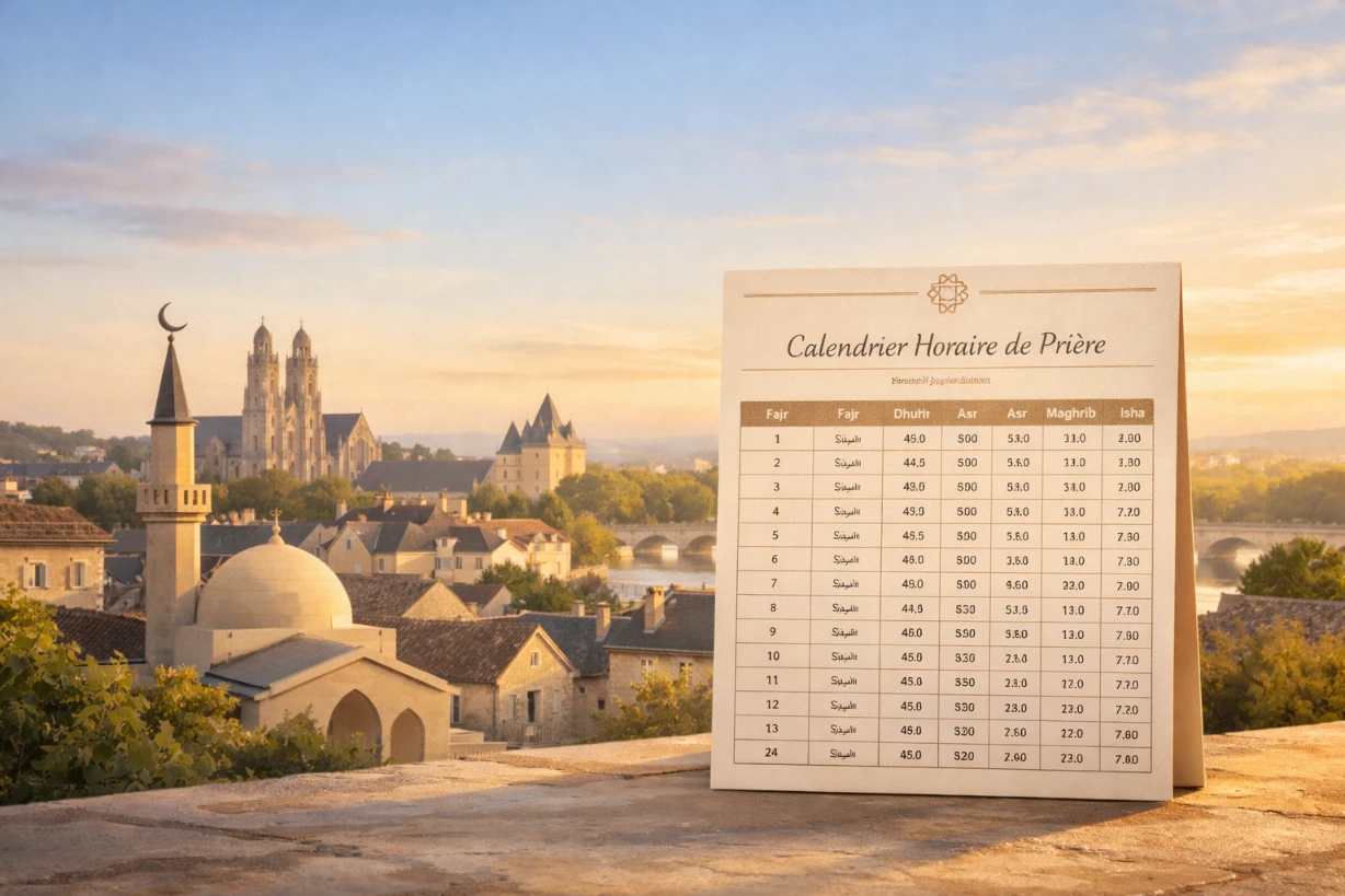 Illustration paisible d’un calendrier de prière mensuel dans une ville française au lever du jour