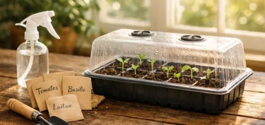 Mini-serre d’intérieur avec jeunes pousses, graines et outils près d’une fenêtre lumineuse.