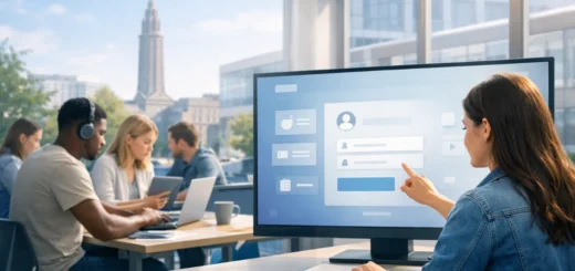 Étudiants utilisant un portail numérique universitaire dans un espace moderne, avec vue sur le campus du Havre.