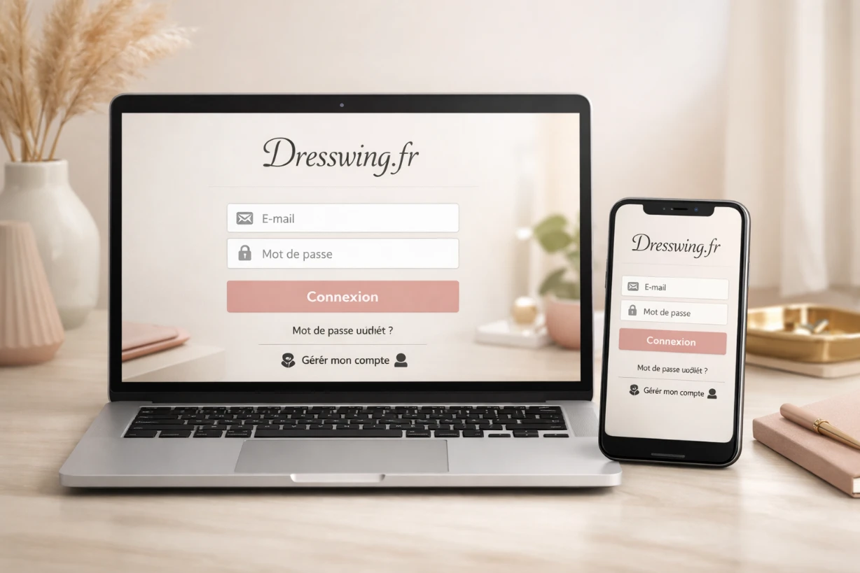 Ordinateur et smartphone affichant la page de connexion Dresswing.fr sur un bureau moderne et épuré.