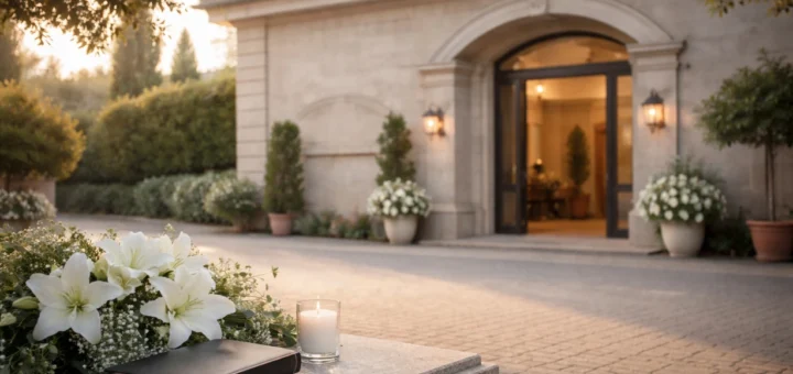 Façade paisible d’un funérarium italien avec fleurs blanches et lumière douce du matin.