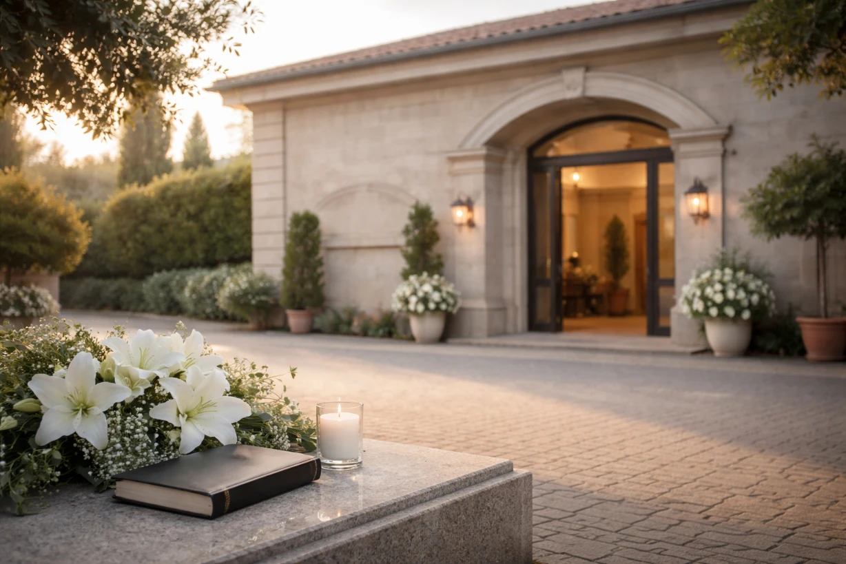 Façade paisible d’un funérarium italien avec fleurs blanches et lumière douce du matin.