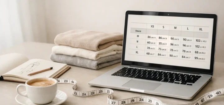 Bureau mode moderne avec ordinateur affichant un guide des tailles et mètre ruban élégant.