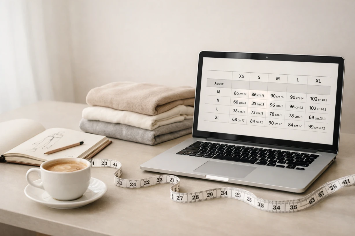 Bureau mode moderne avec ordinateur affichant un guide des tailles et mètre ruban élégant.