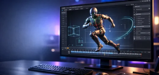 Interface d’animation 3D avec personnage riggé en mouvement sur écran moderne lumineux.