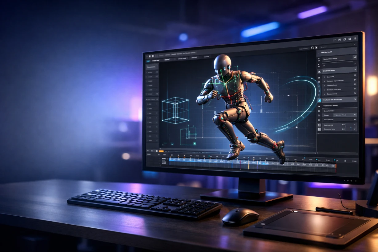 Interface d’animation 3D avec personnage riggé en mouvement sur écran moderne lumineux.