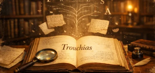 Livre ancien ouvert brillant, lettres flottantes dans une bibliothèque chaleureuse et mystérieuse.