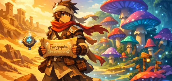Explorateur Saharach face au désert et à la forêt de champignons magiques colorés.