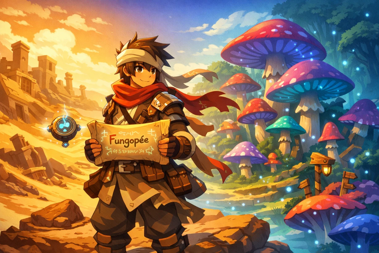 Explorateur Saharach face au désert et à la forêt de champignons magiques colorés.