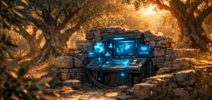 Terminal futuriste activé au cœur d’une oliveraie baignée de lumière dorée au coucher du soleil.