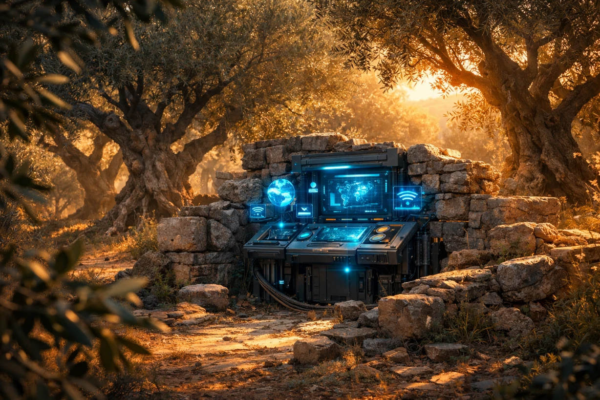 Terminal futuriste activé au cœur d’une oliveraie baignée de lumière dorée au coucher du soleil.