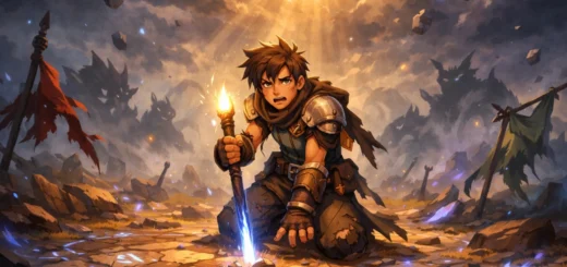 Jeune aventurier épuisé au cœur d’un champ de bataille magique, lueur d’espoir dans les cieux.