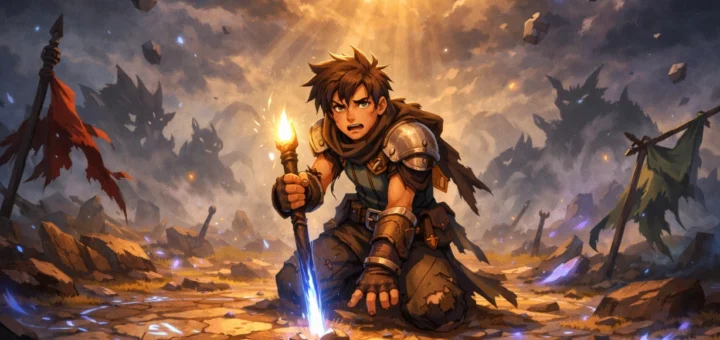 Jeune aventurier épuisé au cœur d’un champ de bataille magique, lueur d’espoir dans les cieux.