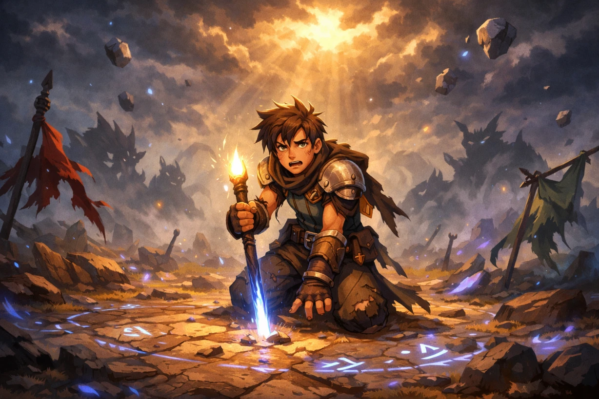 Jeune aventurier épuisé au cœur d’un champ de bataille magique, lueur d’espoir dans les cieux.