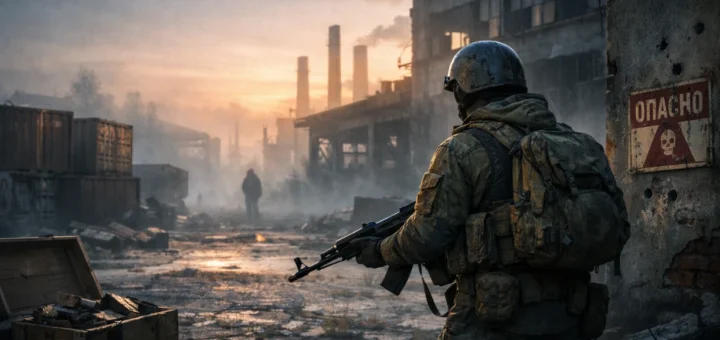 Survivant armé dans une zone industrielle abandonnée au lever du jour, ambiance brumeuse tendue.