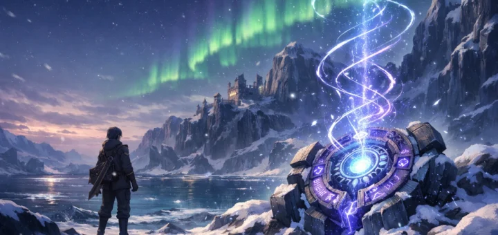 Paysage glacé mystique avec aventurier face à ruines sous aurore boréale lumineuse.