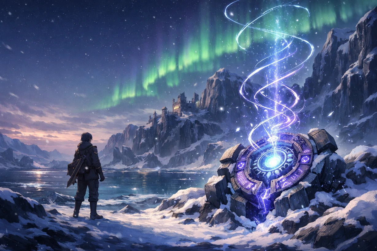 Paysage glacé mystique avec aventurier face à ruines sous aurore boréale lumineuse.